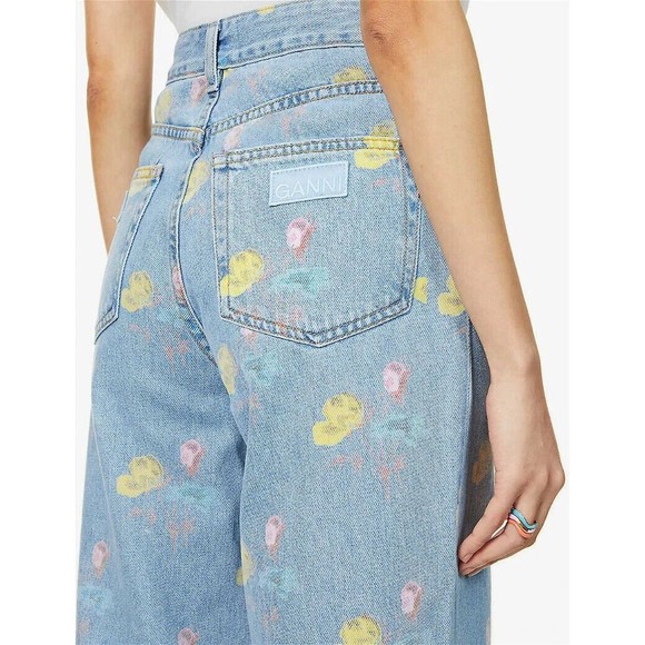 GANNI Floral Print Denim Core Magny Wide Straight Jeans Bleach Light Blue 25 - Picture 5 of 15